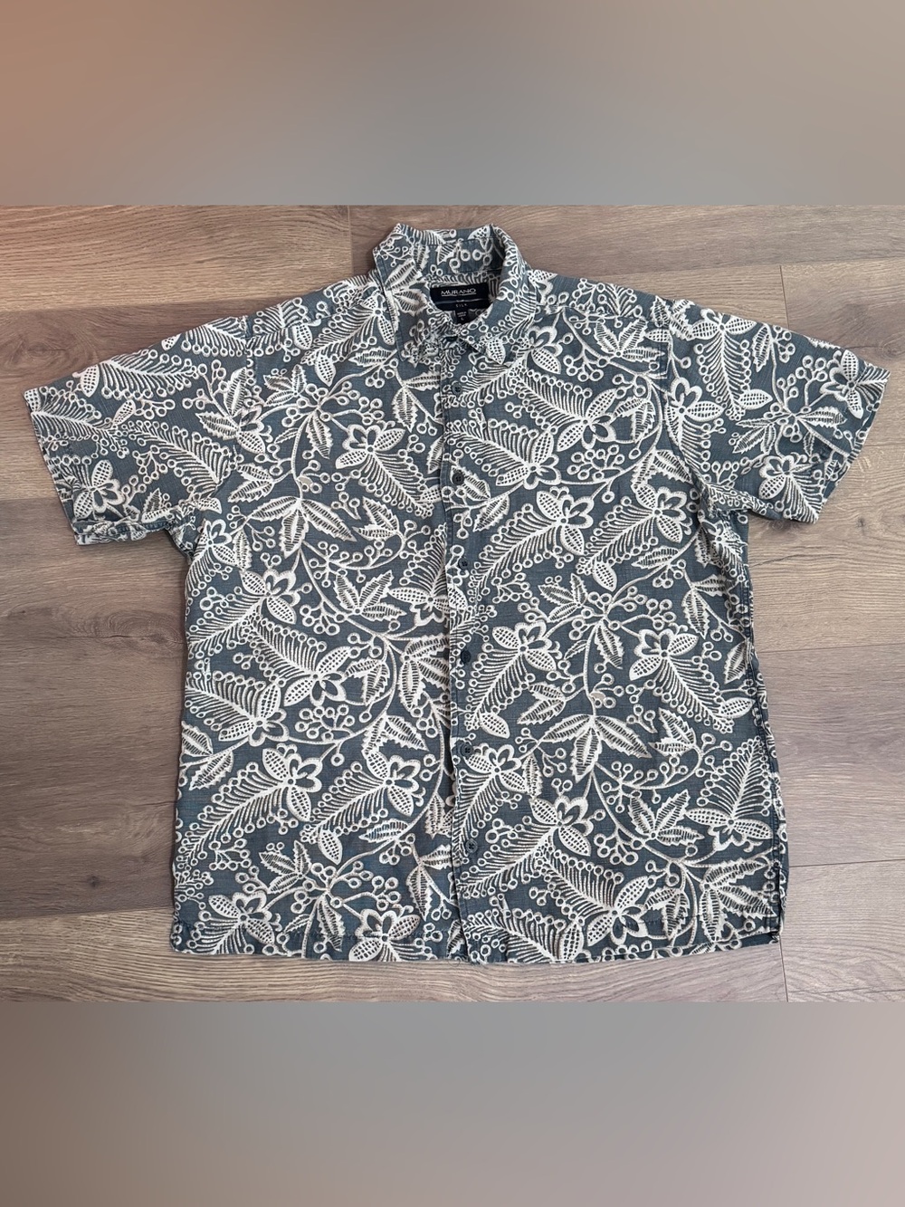Murano Silk Linen Floral Hawaiian Button Up Shirt Gray Men’s Sz Large Resortwear
